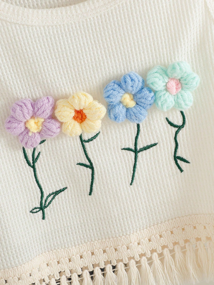 Girls Cream Flower Embroidery Top & Denim Shorts