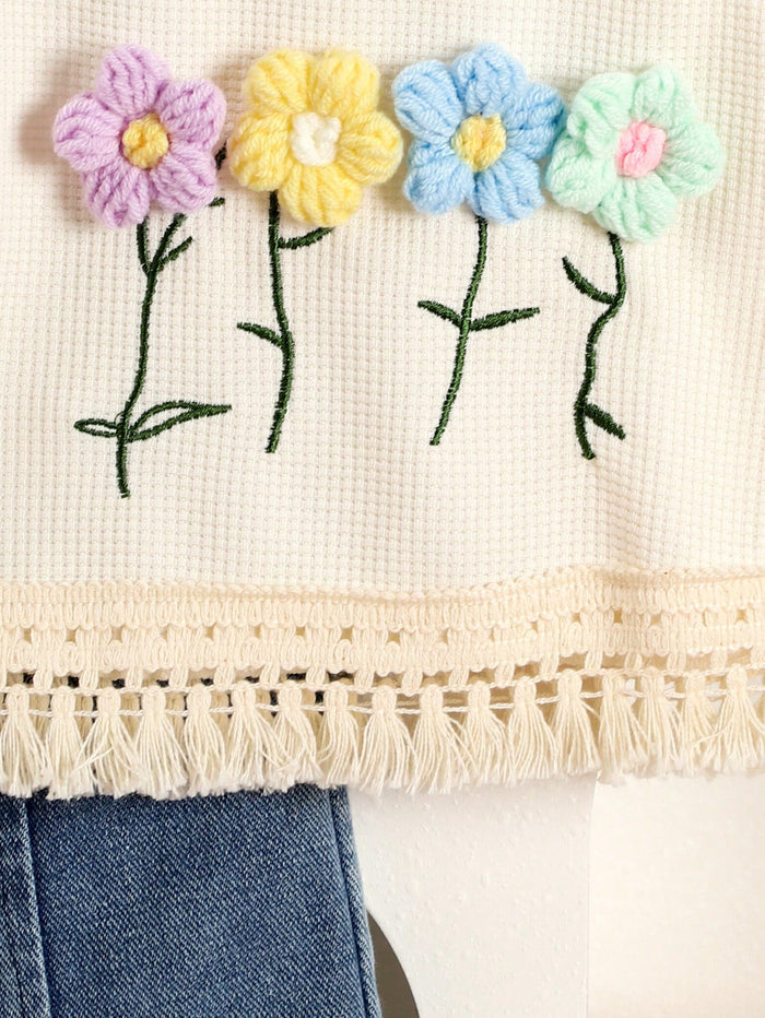 Girls Cream Flower Embroidery Top & Denim Shorts