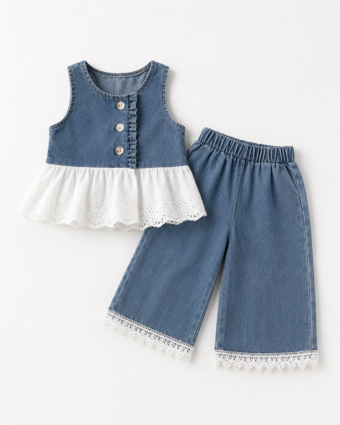 Girls Denim Lace Top and Wide-Leg Pants Set – SHEIN Fast Delivery in 5 Days