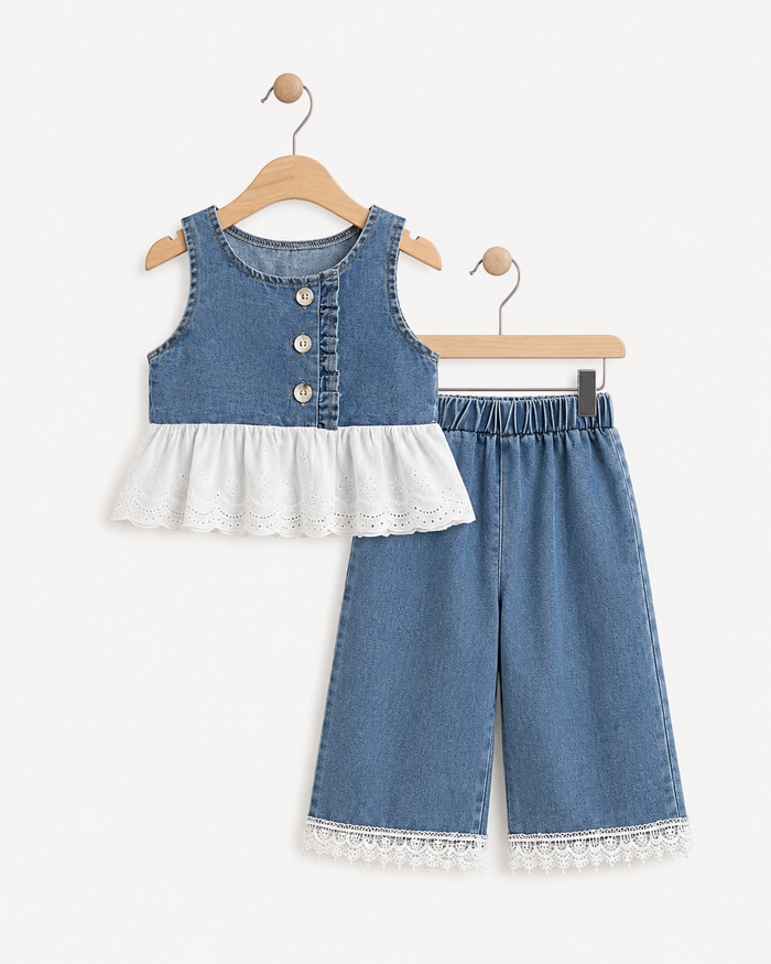 Girls Denim Lace Top and Wide-Leg Pants Set – SHEIN Fast Delivery in 5 Days