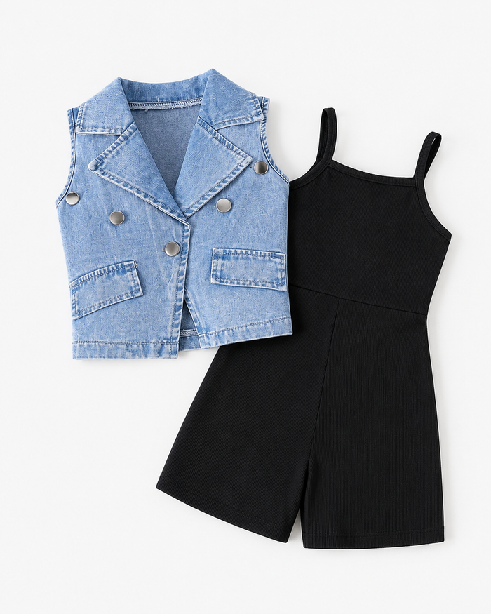 Girls Denim Vest and Black Romper Set – SHEIN Fast Delivery in 5 Days