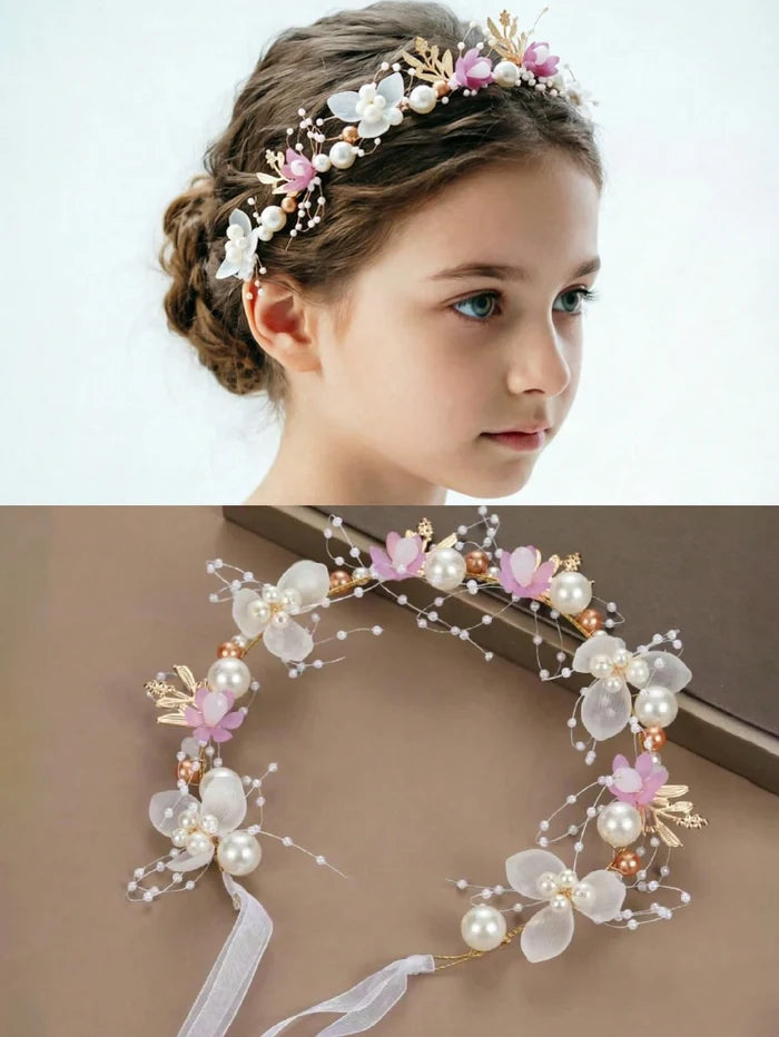Girls’ Floral Pearl Hair Vine – White & Pink Flower Headband – Elegant Ribbon Hair Accessory for Parties
