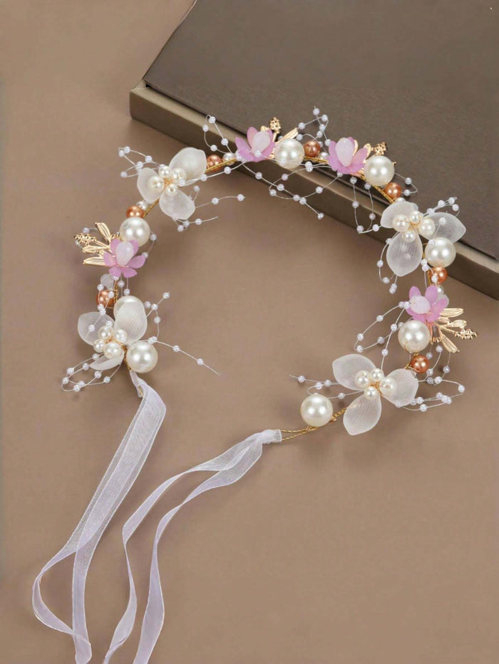 Girls’ Floral Pearl Hair Vine – White & Pink Flower Headband – Elegant Ribbon Hair Accessory for Parties