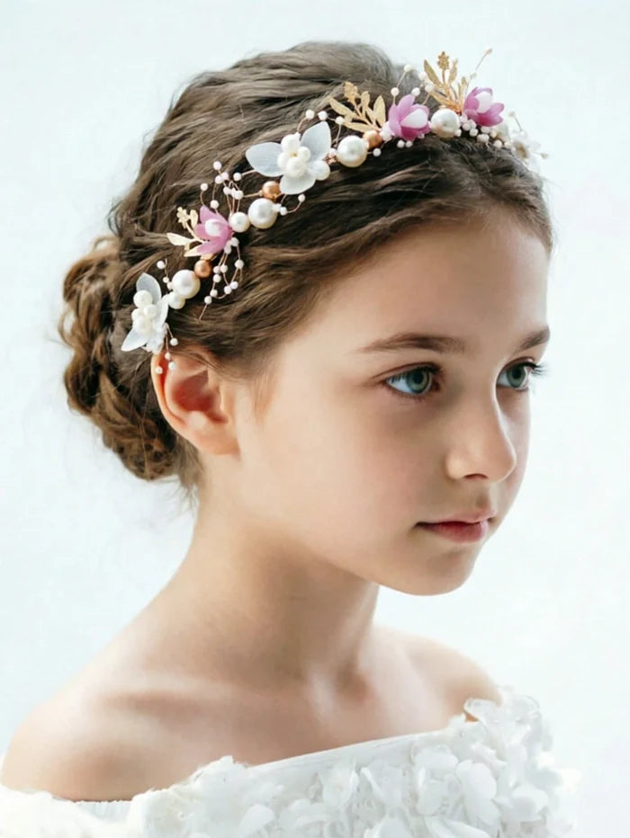 Girls’ Floral Pearl Hair Vine – White & Pink Flower Headband – Elegant Ribbon Hair Accessory for Parties