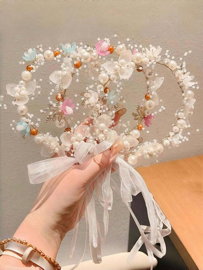 Girls’ Floral Pearl Hair Vine – White & Pink Flower Headband – Elegant Ribbon Hair Accessory for Parties