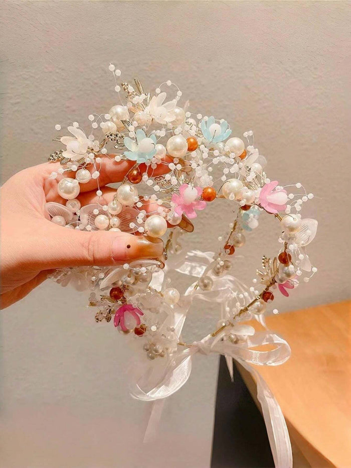 Girls’ Floral Pearl Hair Vine – White & Pink Flower Headband – Elegant Ribbon Hair Accessory for Parties