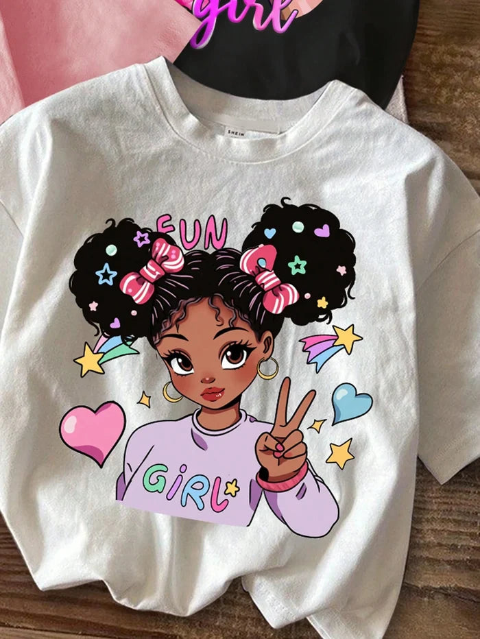 Girls Graphic T-Shirt Collection, Casual Short Sleeve Printed Tops with Cute Fashion Designs