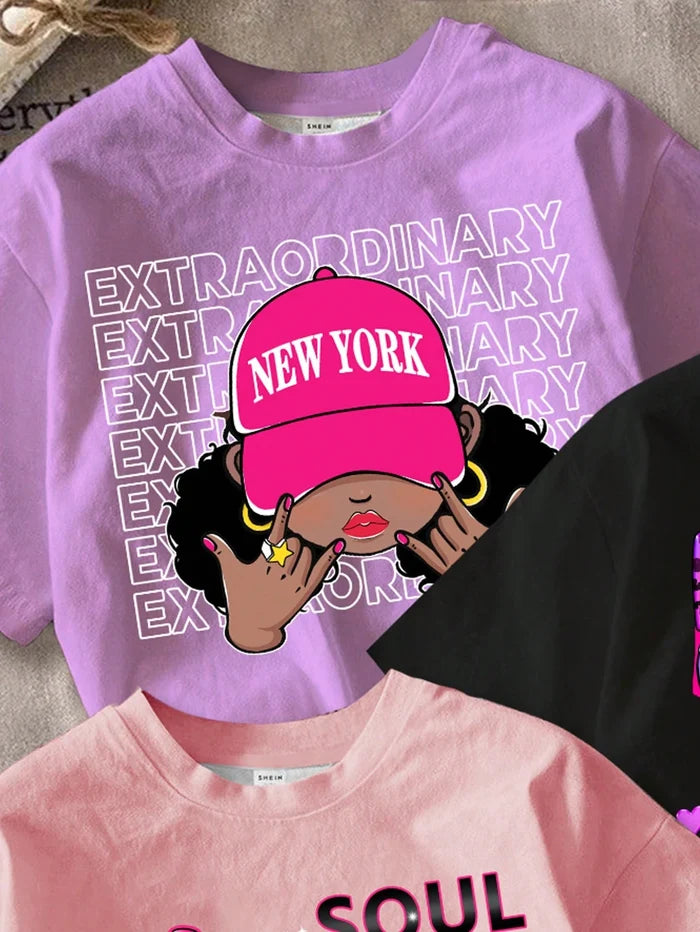 Girls Graphic T-Shirt Collection, Casual Short Sleeve Printed Tops with Cute Fashion Designs