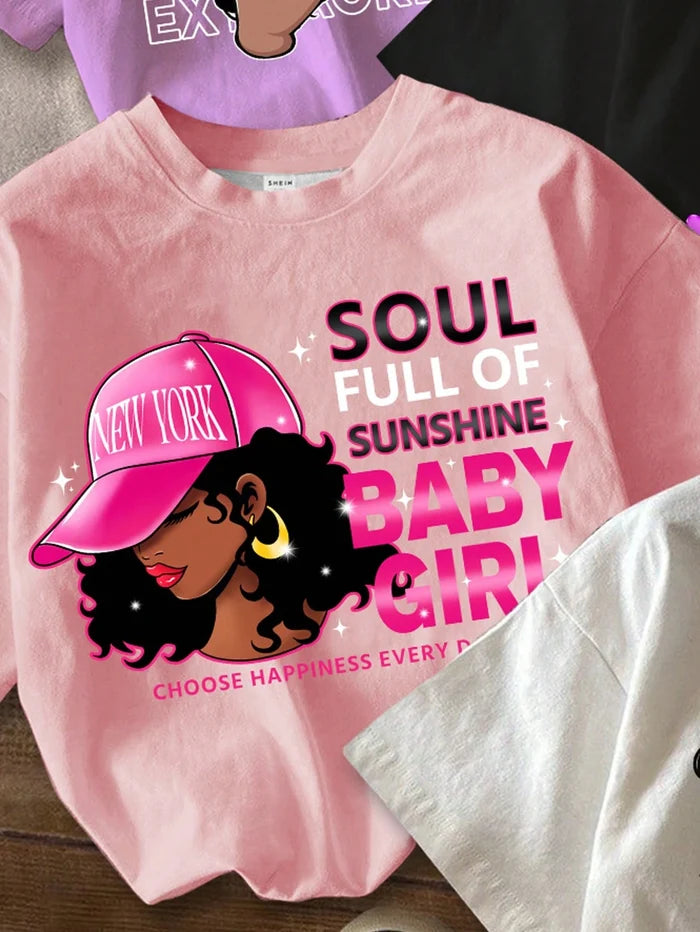 Girls Graphic T-Shirt Collection, Casual Short Sleeve Printed Tops with Cute Fashion Designs