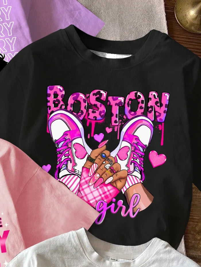 Girls Graphic T-Shirt Collection, Casual Short Sleeve Printed Tops with Cute Fashion Designs