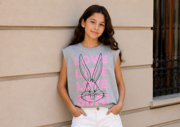 Girls Grey Bunny Graphic Sleeveless Top – Casual Summer Tank T-Shirt, Fast Delivery in 5 Days