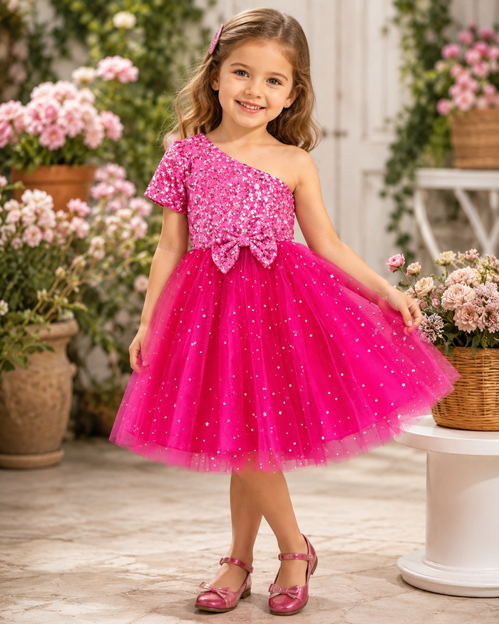 Girls Hot Pink Sequin Tulle Party Dress