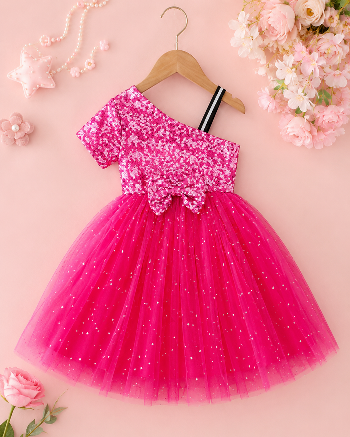 Girls Hot Pink Sequin Tulle Party Dress