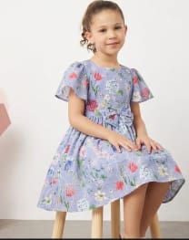 Girls Lavender Floral Bow Dress – Flutter Sleeve Summer Party Dress, Fast Delivery in 5 Days