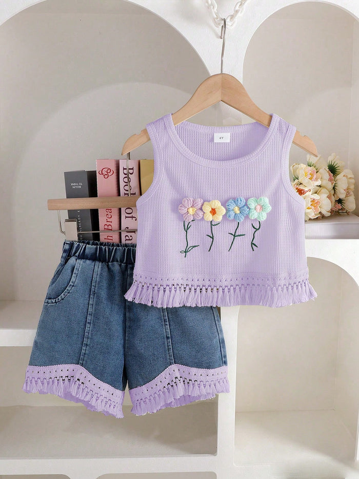 Girls Lavender Flower Embroidery Top & Denim Shorts