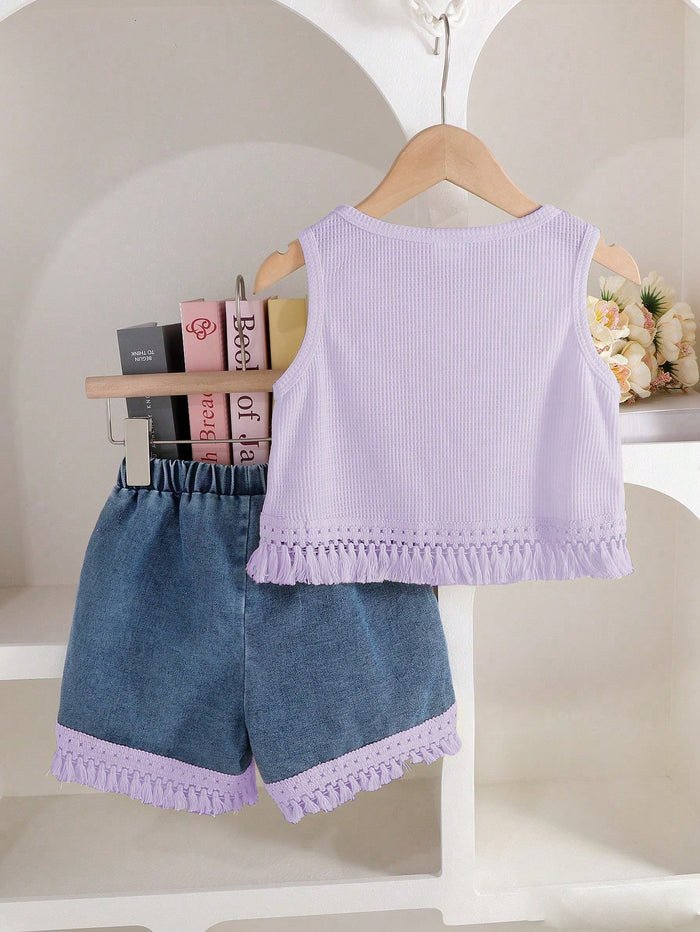 Girls Lavender Flower Embroidery Top & Denim Shorts