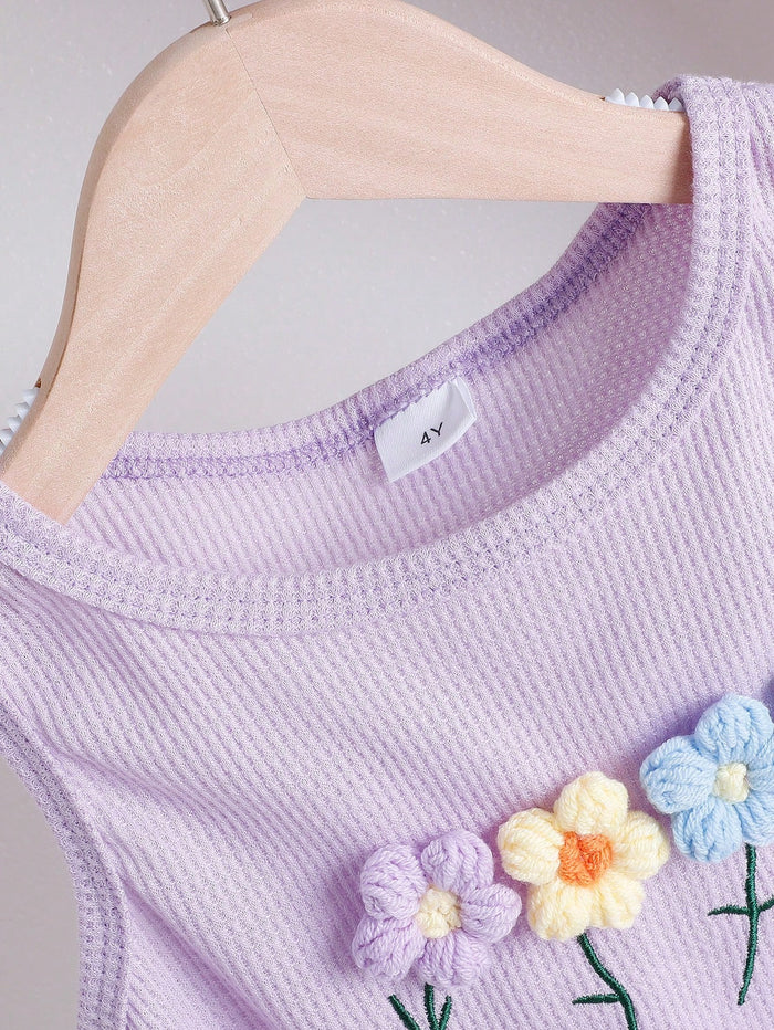 Girls Lavender Flower Embroidery Top & Denim Shorts