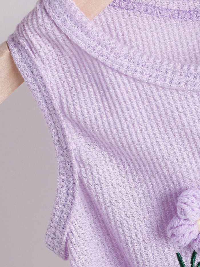 Girls Lavender Flower Embroidery Top & Denim Shorts
