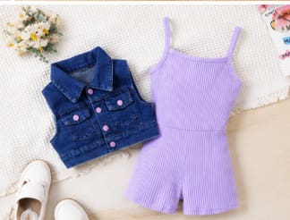 Girls Lavender Ribbed Romper with Denim Vest Set