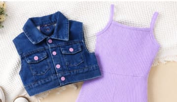 Girls Lavender Ribbed Romper with Denim Vest Set