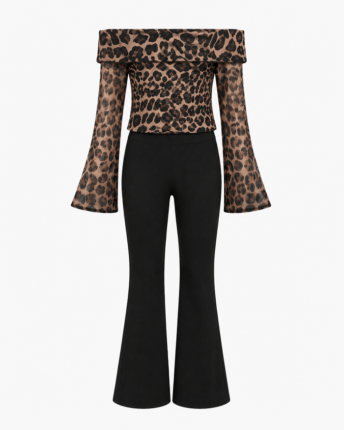 Girls Leopard Off-Shoulder Top and Black Flared Pants Set – SHEIN Fast Delivery in 5 Days