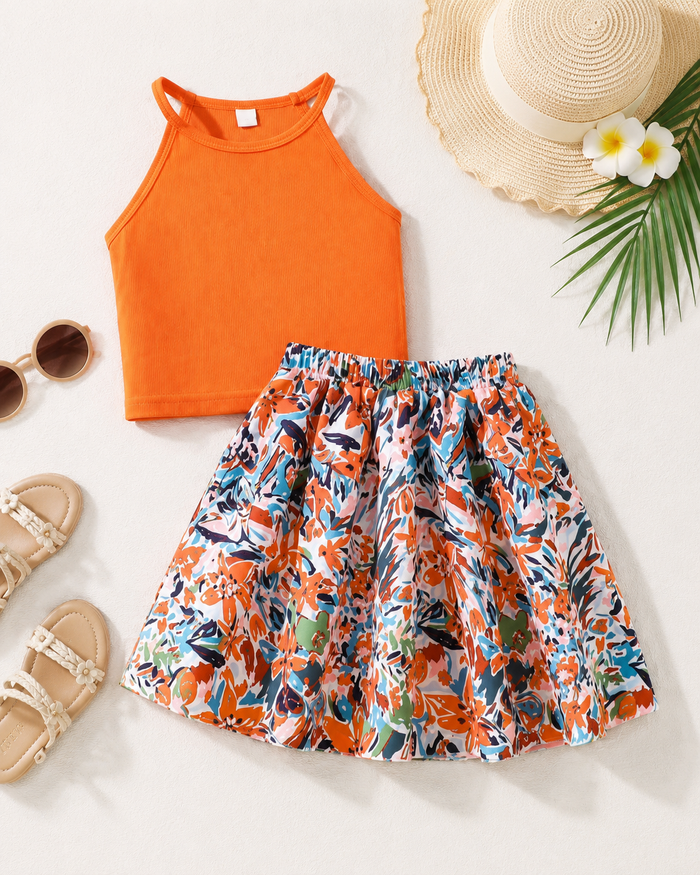 Girls Orange Ribbed Crop Top and Floral Skirt Set