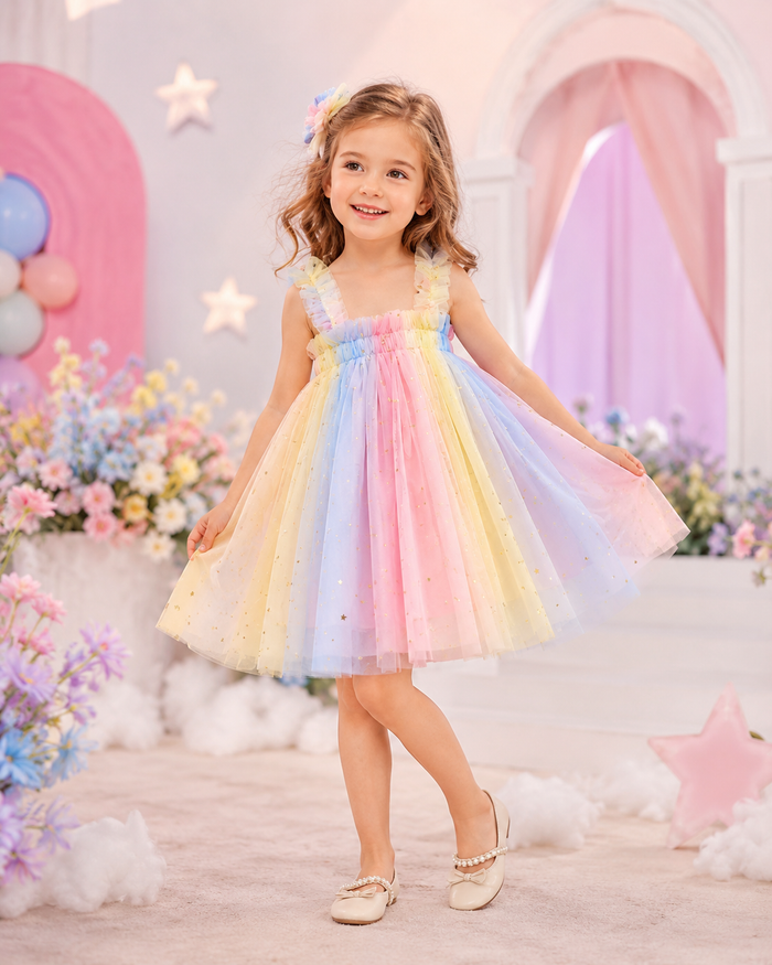 Girls Pastel Rainbow Tulle Dress with Star Print