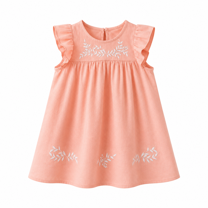 Girls Peach Embroidered Flutter Sleeve Dress