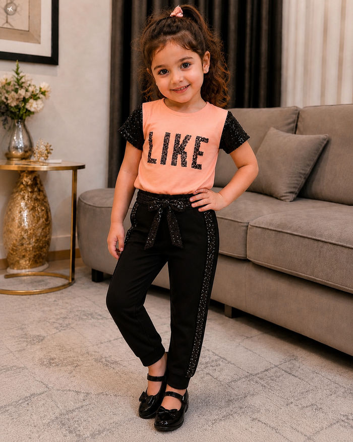 Girls Peach LIKE T-Shirt & Black Pants Set – 2 Piece Sequin Casual Outfit, Fast Delivery in 5 Days
