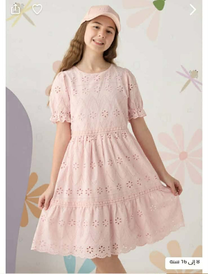 Girls Pink Eyelet Embroidered Dress – Short Sleeve Summer Dress, Fast Delivery in 5 Days