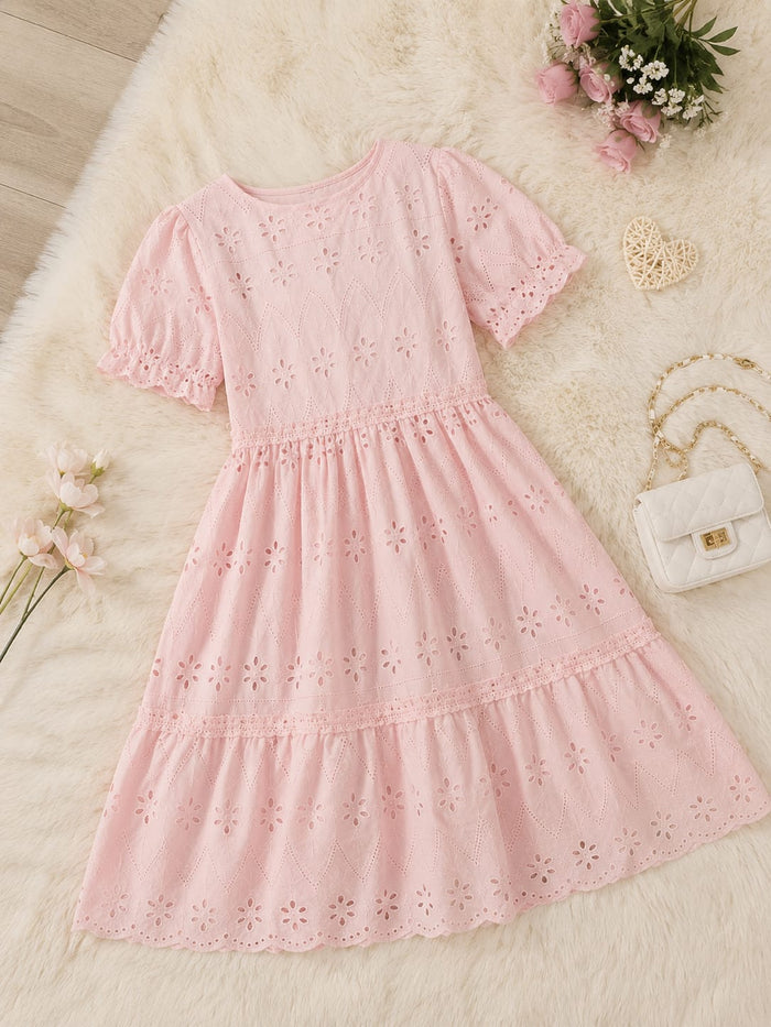 Girls Pink Eyelet Embroidered Dress – Short Sleeve Summer Dress, Fast Delivery in 5 Days
