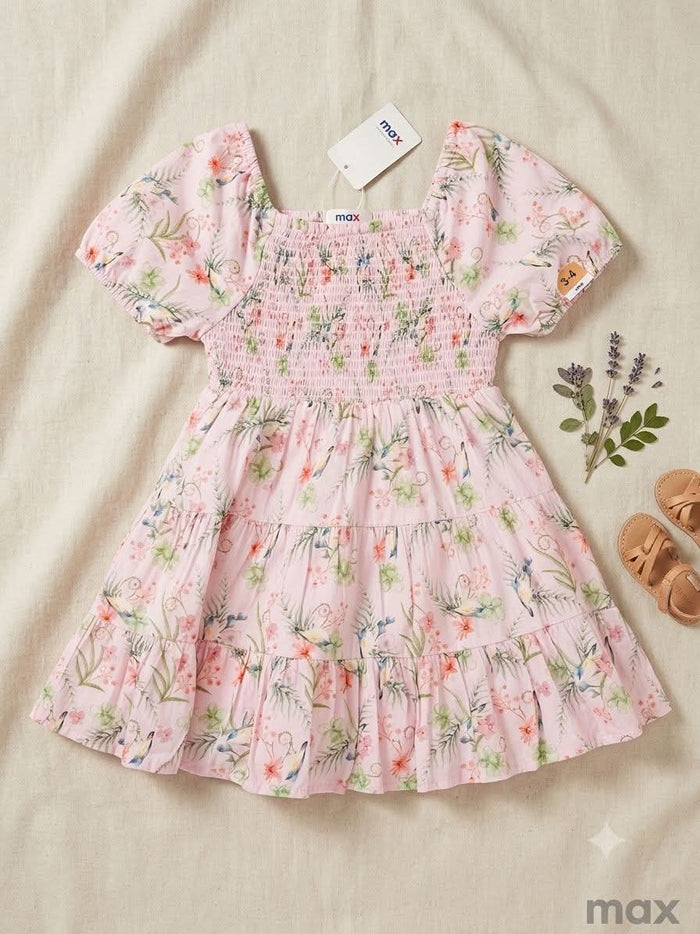 Girls Pink Floral Smocked Dress – Puff Sleeve Summer Dress, Fast Delivery in 5 Days