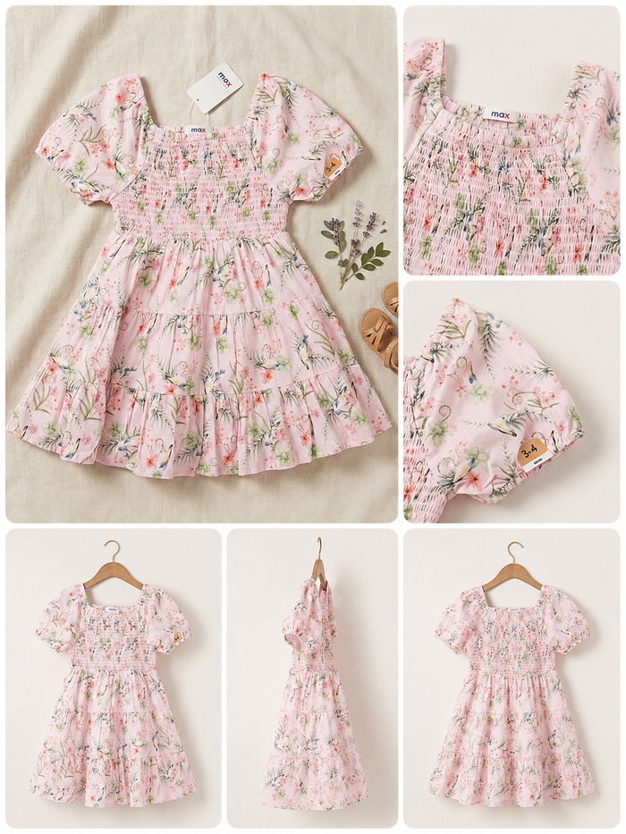 Girls Pink Floral Smocked Dress – Puff Sleeve Summer Dress, Fast Delivery in 5 Days