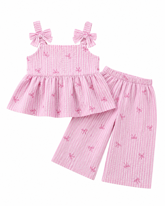 Girls Pink Gingham Peplum Top and Wide Leg Pants Set