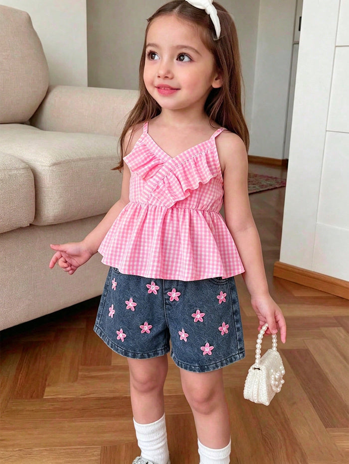 Girls Pink Gingham Peplum Top & Denim Shorts Set