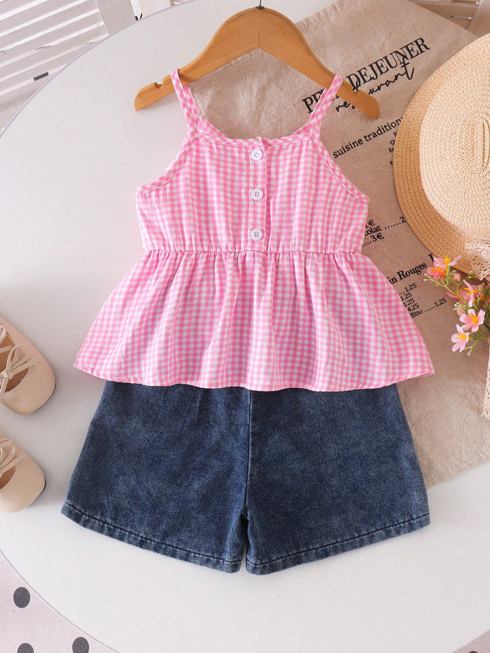Girls Pink Gingham Peplum Top & Denim Shorts Set