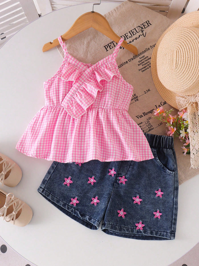 Girls Pink Gingham Peplum Top & Denim Shorts Set