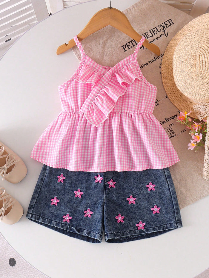 Girls Pink Gingham Peplum Top & Denim Shorts Set