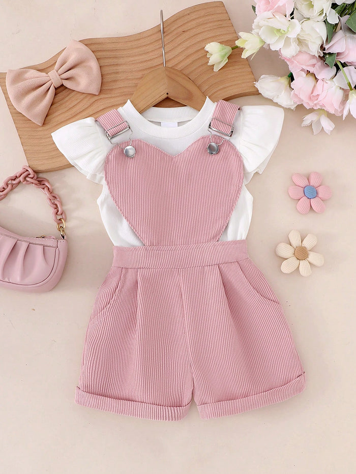 Girls Pink Heart Bib Shorts & White Flutter Sleeve Top Set