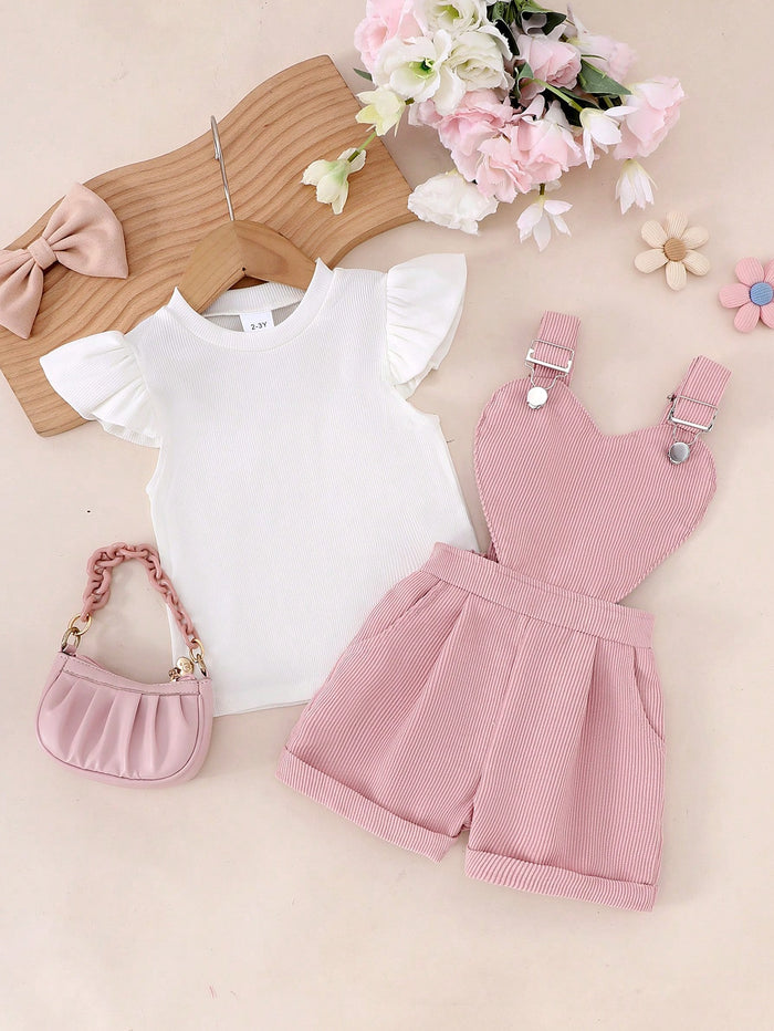 Girls Pink Heart Bib Shorts & White Flutter Sleeve Top Set