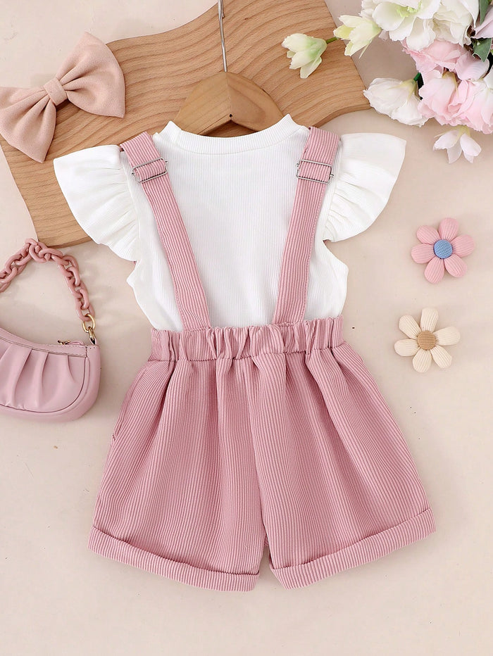 Girls Pink Heart Bib Shorts & White Flutter Sleeve Top Set