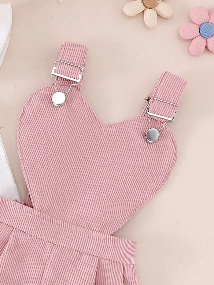 Girls Pink Heart Bib Shorts & White Flutter Sleeve Top Set