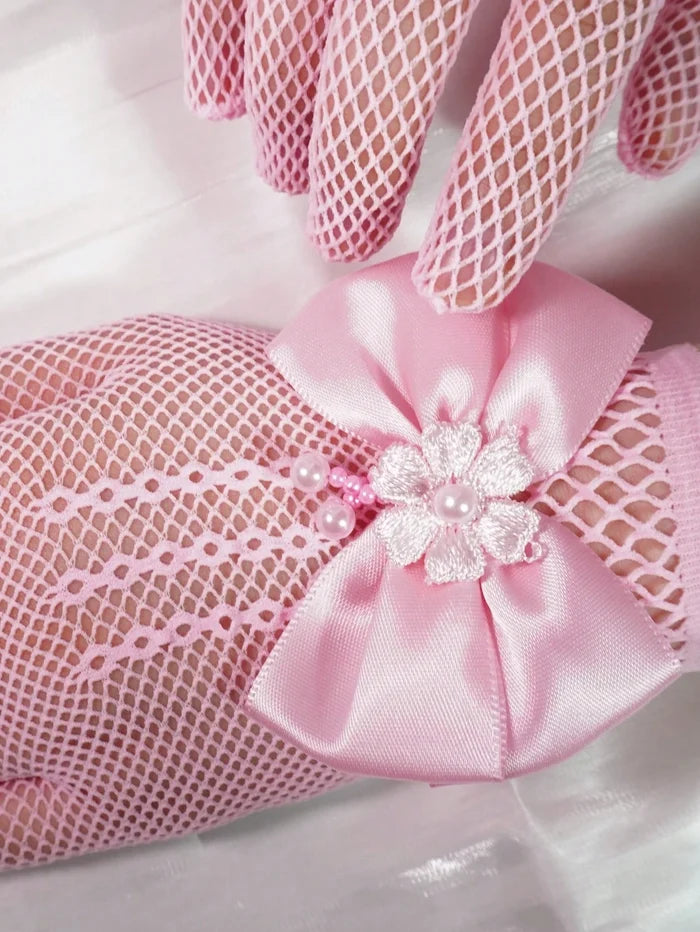 Girls’ Pink Mesh Dress Gloves – Satin Bow & Floral Pearl Detail – Princess Party Costume Gloves