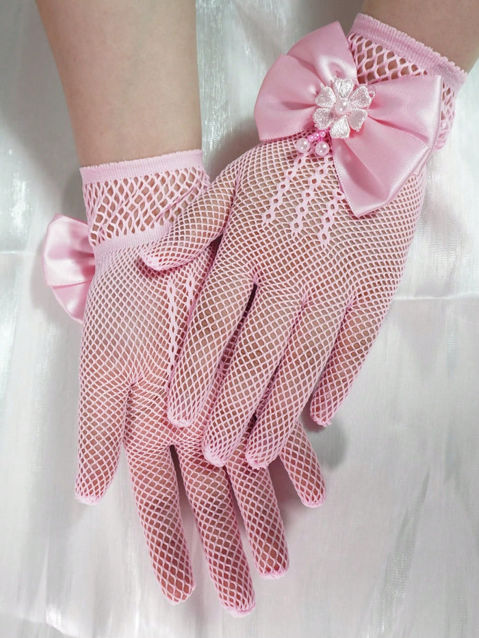 Girls’ Pink Mesh Dress Gloves – Satin Bow & Floral Pearl Detail – Princess Party Costume Gloves
