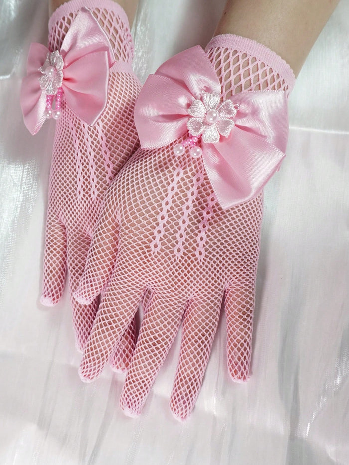 Girls’ Pink Mesh Dress Gloves – Satin Bow & Floral Pearl Detail – Princess Party Costume Gloves