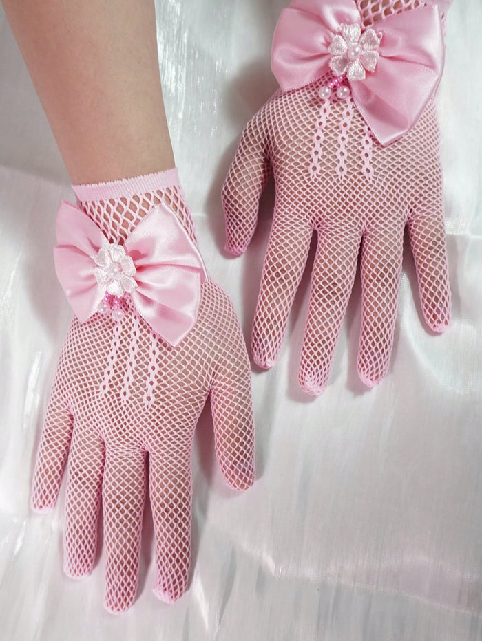 Girls’ Pink Mesh Dress Gloves – Satin Bow & Floral Pearl Detail – Princess Party Costume Gloves