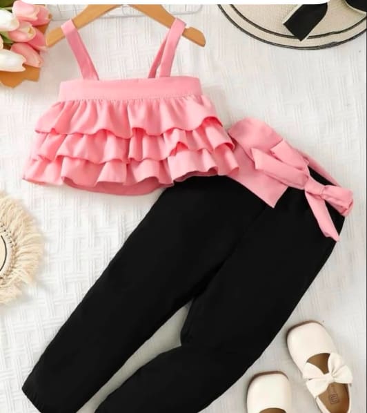 Girls Pink Ruffle Top and Black Pants Set – Size 4-5 Years – SHEIN Fast Delivery in 5 Days