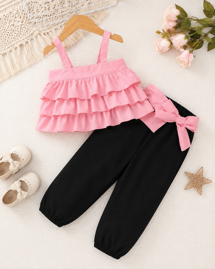 Girls Pink Ruffle Top and Black Pants Set – Size 4-5 Years – SHEIN Fast Delivery in 5 Days