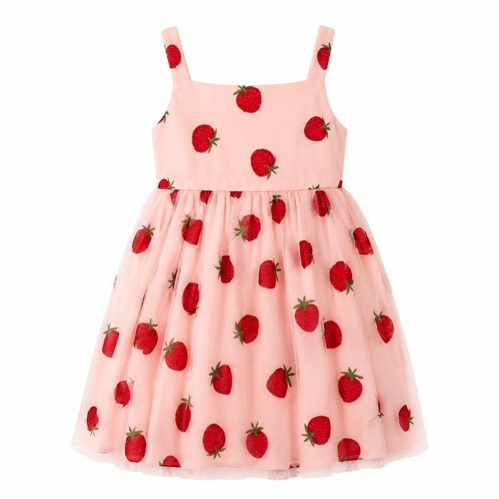 Girls Pink Strawberry Print Sleeveless Dress