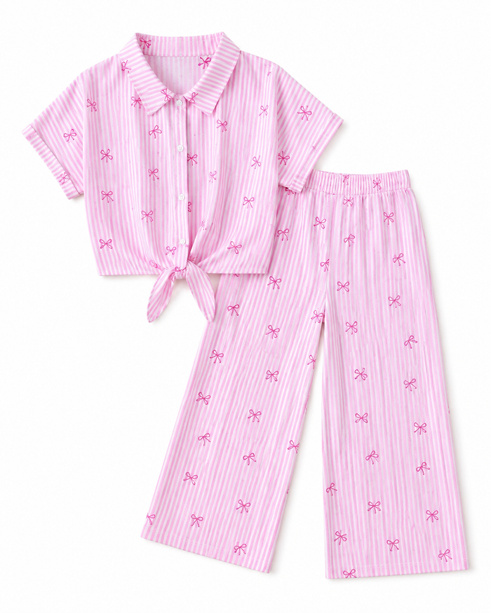 Girls Pink Striped Shirt and Wide Leg Pants Set with Bow Print